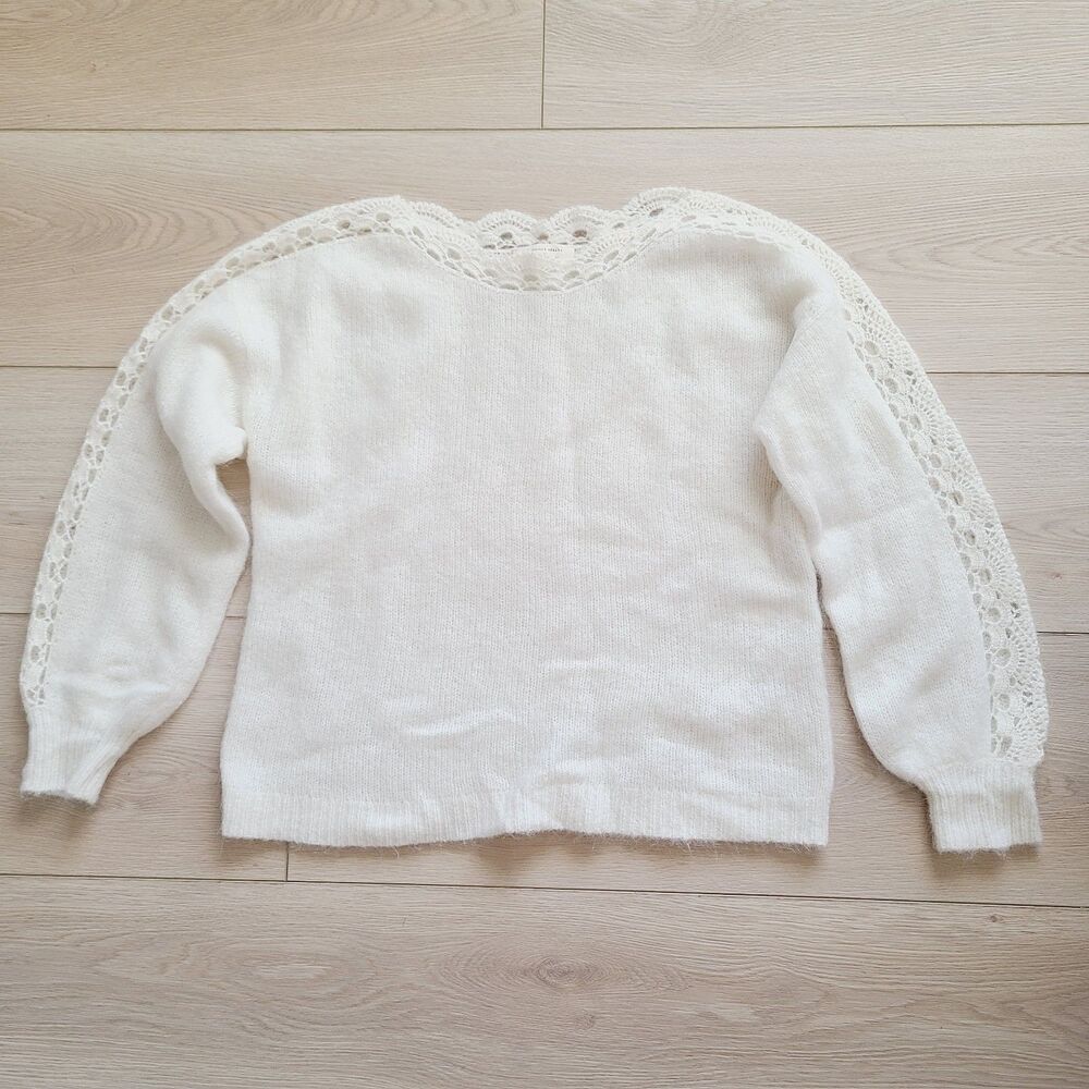Sezane Cream Scoop Neck Sweater with Crochet Sleeves